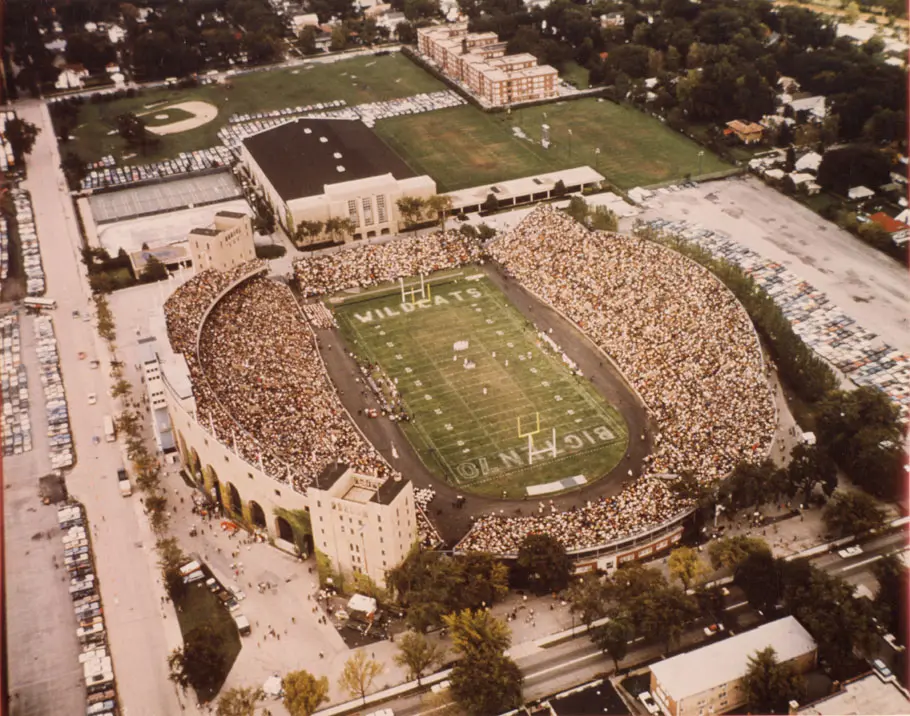 birds eye view of a wildcats footbal stadium filled with fans